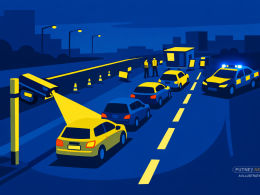 Bird’s-eye editorial illustration of a dusk road checkpoint, with cars queuing past a roadside number plate recognition camera and a police vehicle with blue lights parked nearby in a simplified urban setting.