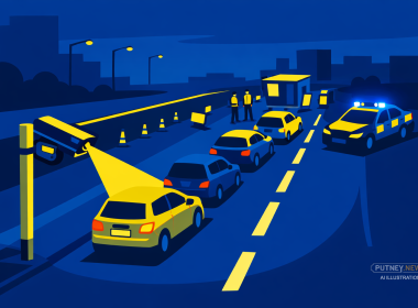 Bird’s-eye editorial illustration of a dusk road checkpoint, with cars queuing past a roadside number plate recognition camera and a police vehicle with blue lights parked nearby in a simplified urban setting.