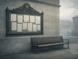 Ornate official noticeboard on a grey stone municipal building wall with a long empty bench beneath in overcast light.