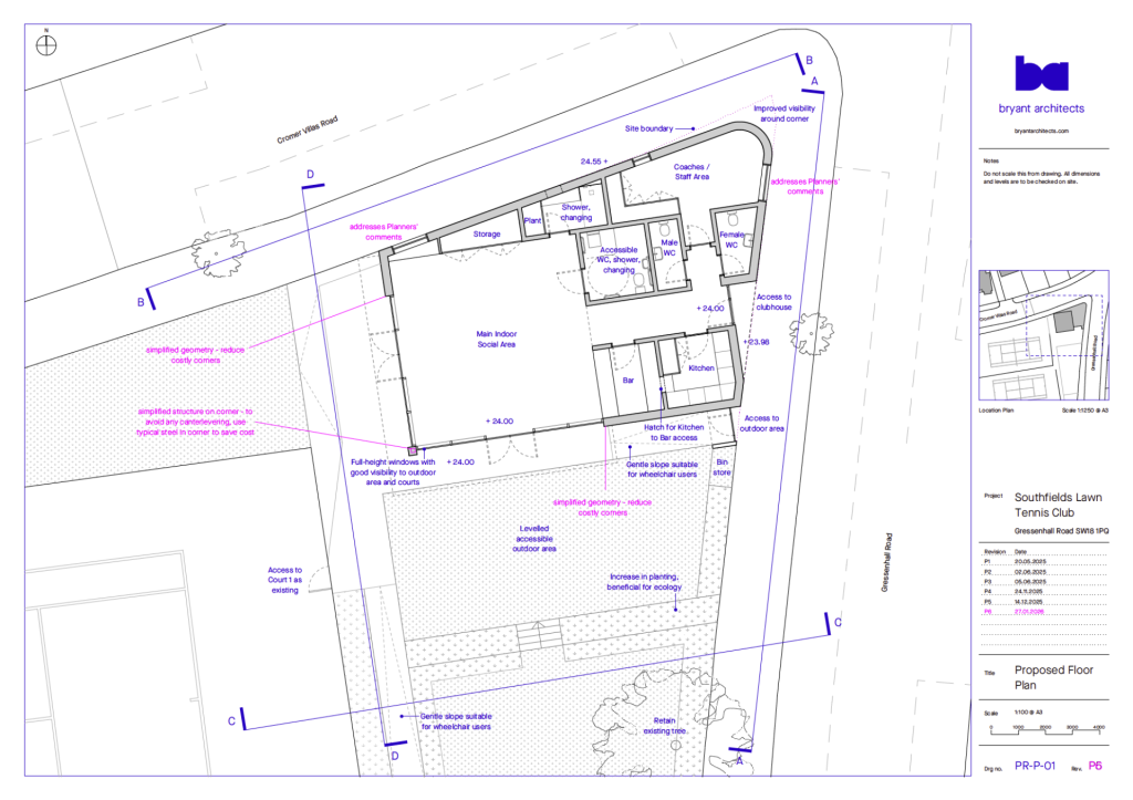 The architect's clubhouse plans for Southfields Tennis Club