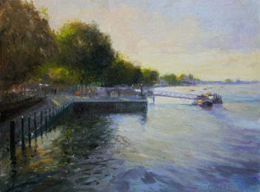 Impressionist riverside scene with trees along a promenade, a pier, and a boat on calm water.