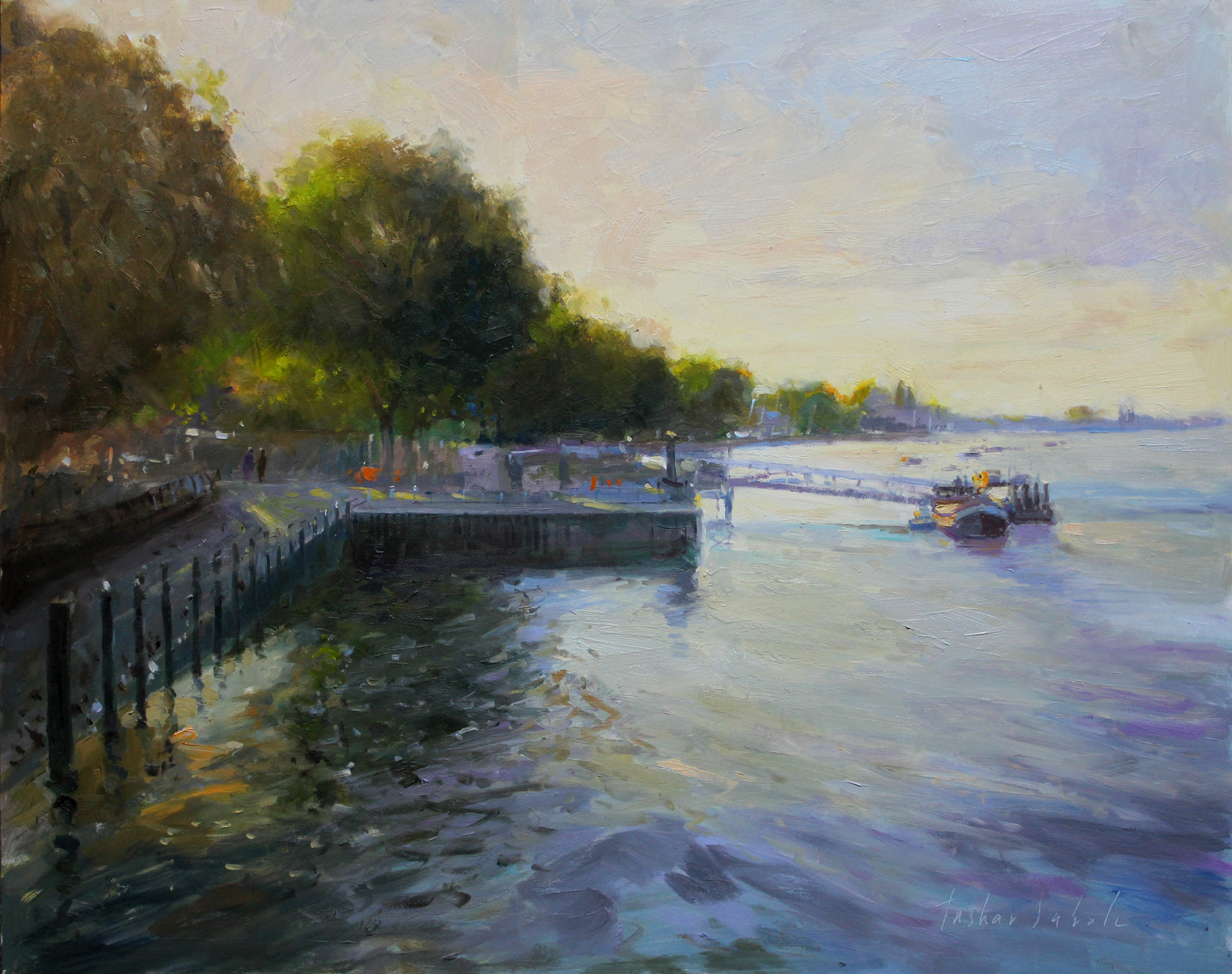 Impressionist riverside scene with trees along a promenade, a pier, and a boat on calm water.