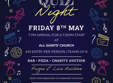 Quiz Night poster for All Saints Church Putney featuring neon doodles; Friday 8 May, 7pm arrival, 7:30pm start, £10 per person.