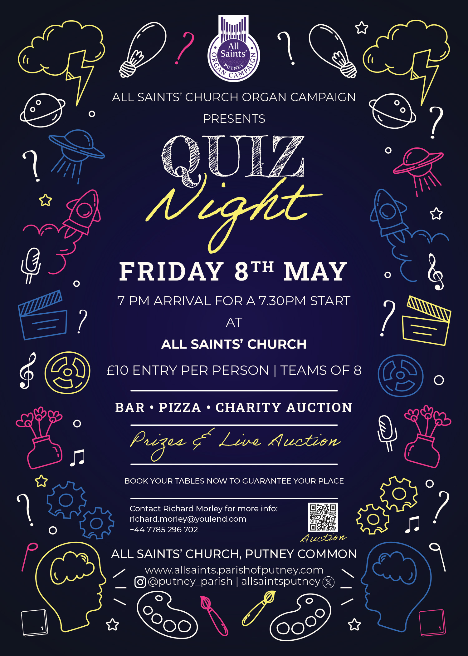 Quiz Night poster for All Saints Church Putney featuring neon doodles; Friday 8 May, 7pm arrival, 7:30pm start, £10 per person.
