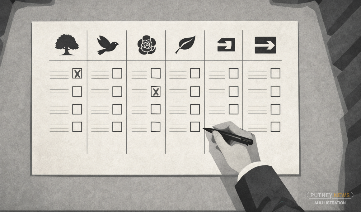 Overhead editorial illustration of a monochrome UK local election ballot paper on a grey polling booth shelf, with five party-style icons across the top, two boxes marked with black Xs, and a hand holding a pen hovering over an empty box.