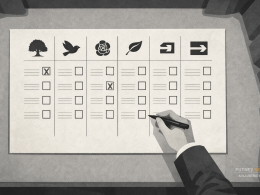 Overhead editorial illustration of a monochrome UK local election ballot paper on a grey polling booth shelf, with five party-style icons across the top, two boxes marked with black Xs, and a hand holding a pen hovering over an empty box.