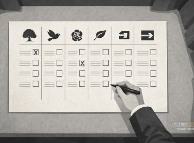 Overhead editorial illustration of a monochrome UK local election ballot paper on a grey polling booth shelf, with five party-style icons across the top, two boxes marked with black Xs, and a hand holding a pen hovering over an empty box.