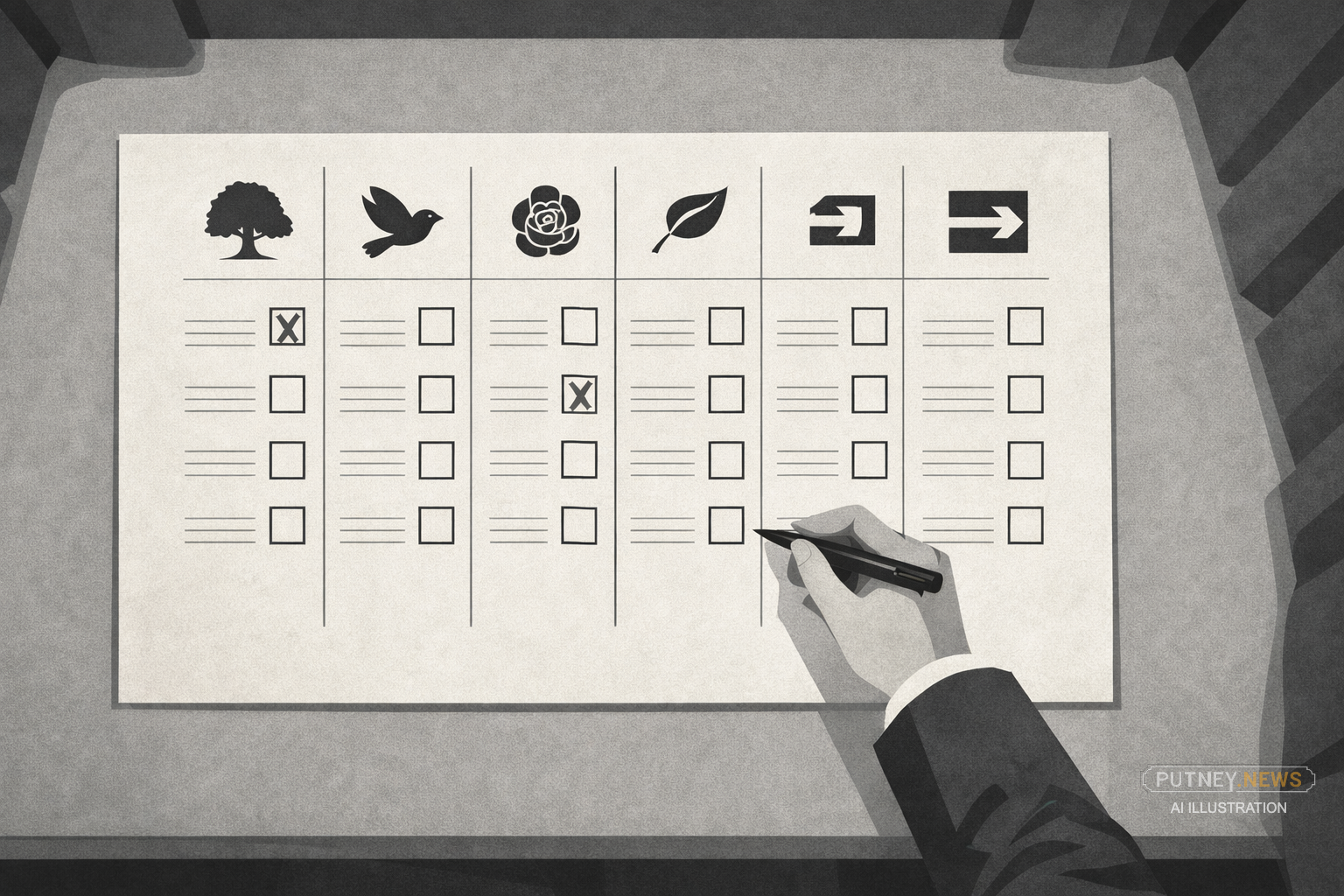 Overhead editorial illustration of a monochrome UK local election ballot paper on a grey polling booth shelf, with five party-style icons across the top, two boxes marked with black Xs, and a hand holding a pen hovering over an empty box.