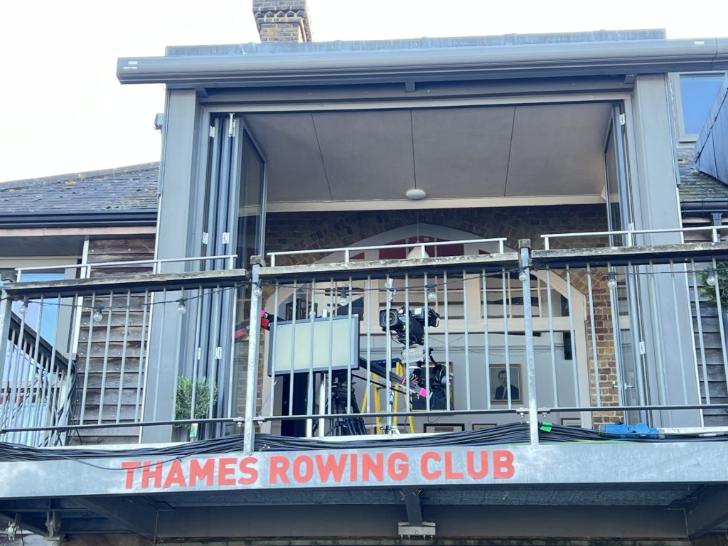 TV camera at Thames Rowing Club to capture the action and coin toss