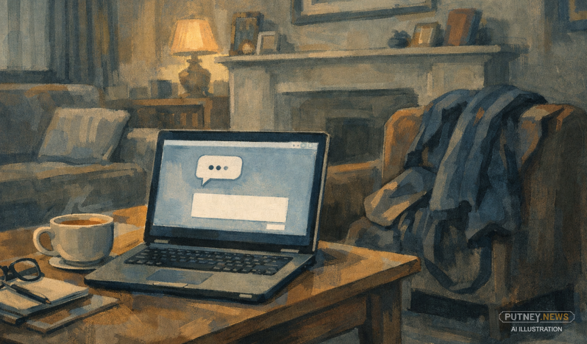 Painted editorial illustration of a quiet living room with a laptop on a coffee table showing an unanswered chat, alongside tea and a carer’s coat and bag, conveying a domestic caregiving setting.