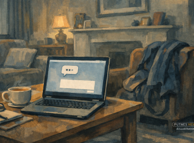 Painted editorial illustration of a quiet living room with a laptop on a coffee table showing an unanswered chat, alongside tea and a carer’s coat and bag, conveying a domestic caregiving setting.