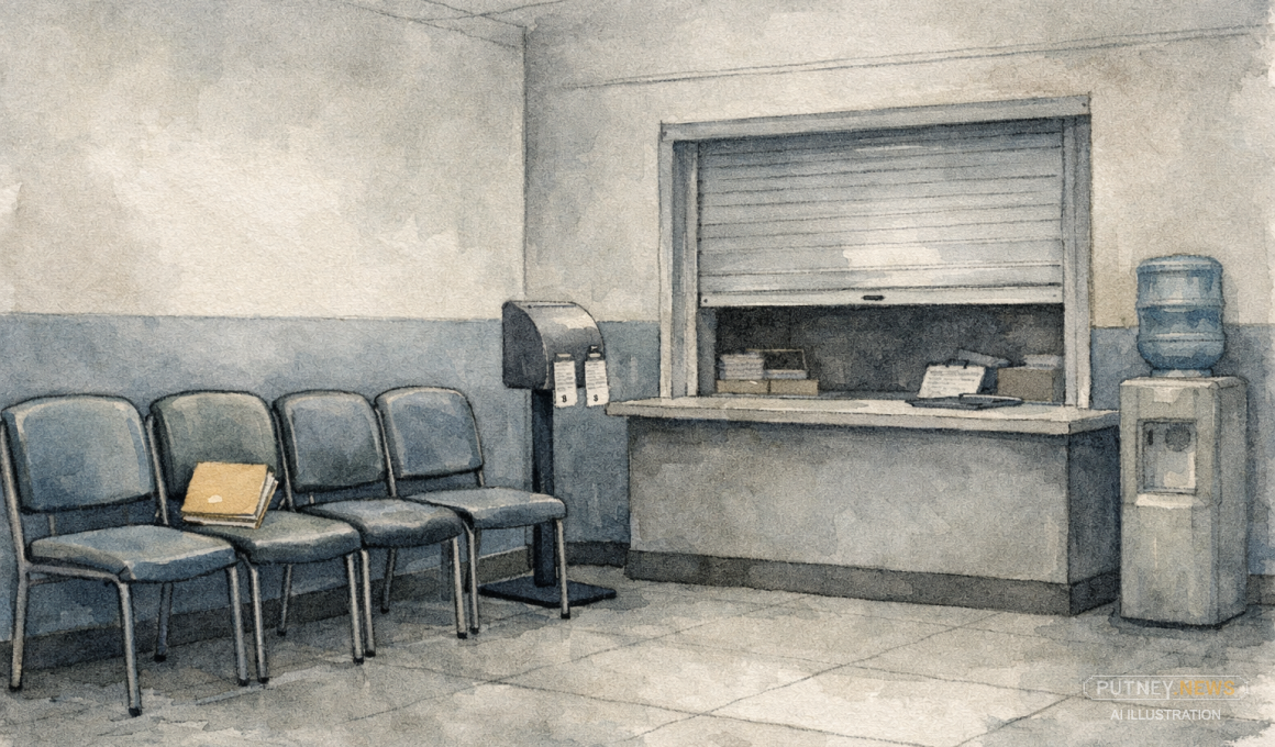 Empty British council housing office waiting area with institutional chairs, queue-ticket dispenser, closed service hatch and a paper file left on a seat, in muted grey-blue watercolor style. AI-generated image