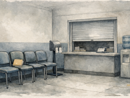 Empty British council housing office waiting area with institutional chairs, queue-ticket dispenser, closed service hatch and a paper file left on a seat, in muted grey-blue watercolor style. AI-generated image