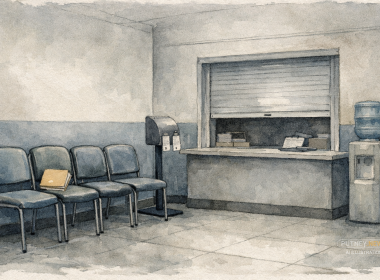 Empty British council housing office waiting area with institutional chairs, queue-ticket dispenser, closed service hatch and a paper file left on a seat, in muted grey-blue watercolor style. AI-generated image