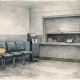 Empty British council housing office waiting area with institutional chairs, queue-ticket dispenser, closed service hatch and a paper file left on a seat, in muted grey-blue watercolor style. AI-generated image