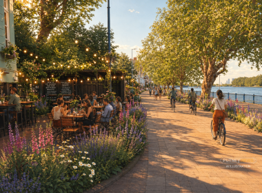 Outdoor riverside cafe with diners under string lights, bordered by colorful flowers and trees at golden hour beside a calm river.