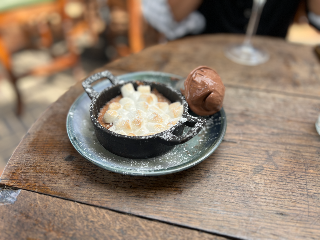 Cast iron skillet on a blue plate filled with toasted marshmallows dusted with powdered sugar, side by a scoop of chocolate dessert on a wooden table.