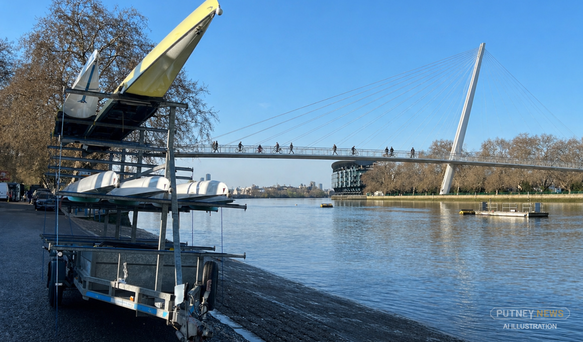 Trailer loaded with kayaks on the riverbank beside a cable-stayed pedestrian and bike bridge over a calm river, with bare trees in the background.