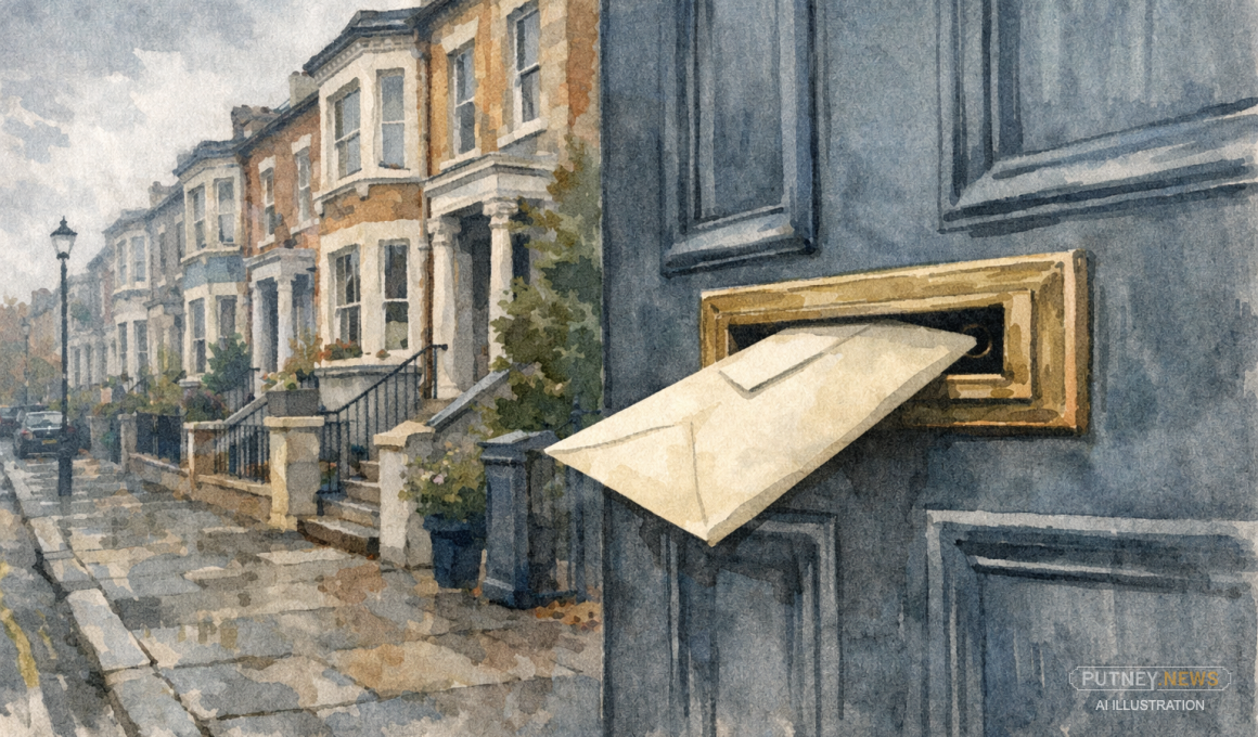 Victorian terrace street in southwest London with a formal envelope being posted through a front-door letterbox.