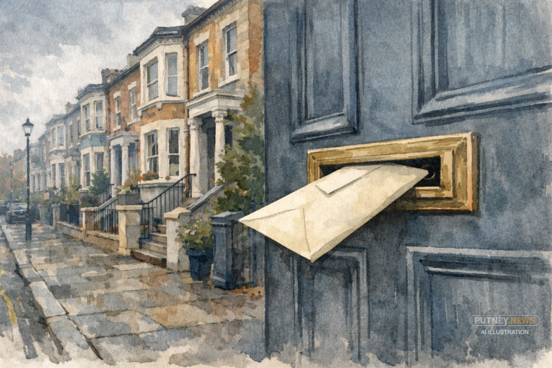 Victorian terrace street in southwest London with a formal envelope being posted through a front-door letterbox.