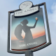 Signboard for The Angel pub showing a silhouette of a woman raising a glass against a sunset, with EST. 1831 at the top