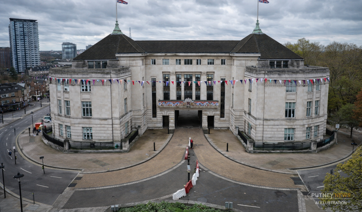 Wandsworth Town Hall aerial shot. Enhanced by AI.