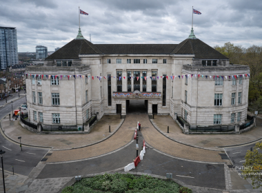 Wandsworth Town Hall aerial shot. Enhanced by AI.