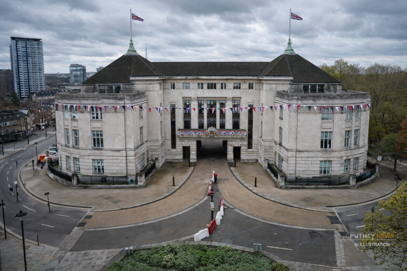 Wandsworth Town Hall aerial shot. Enhanced by AI.
