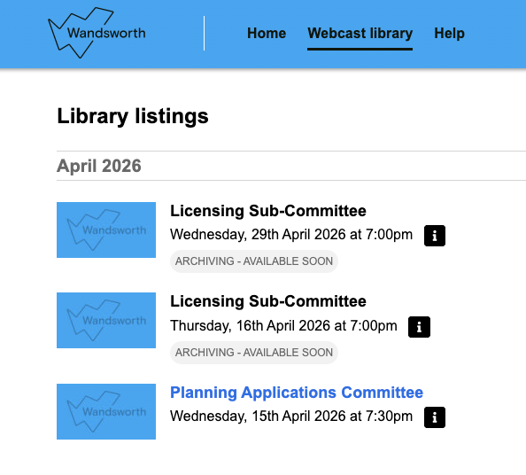 Screenshot of Wandsworth Council webcast archive page