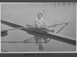 Black and white photograph of a 12-year-old Jack Beresford on the Thames in 1911, with his name written in his own handwriting beneath the image.