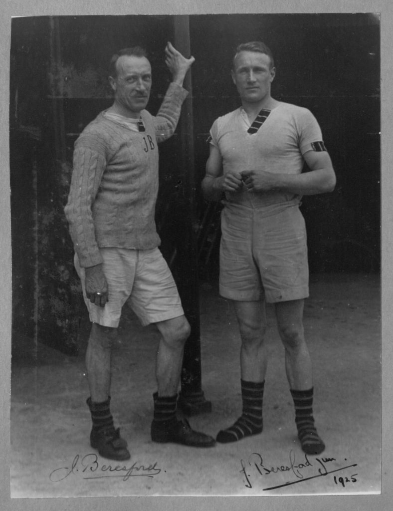 Black and white photograph of Julius Beresford and his son Jack Beresford in 1925. Both are visible in the frame, and both have signed the image.