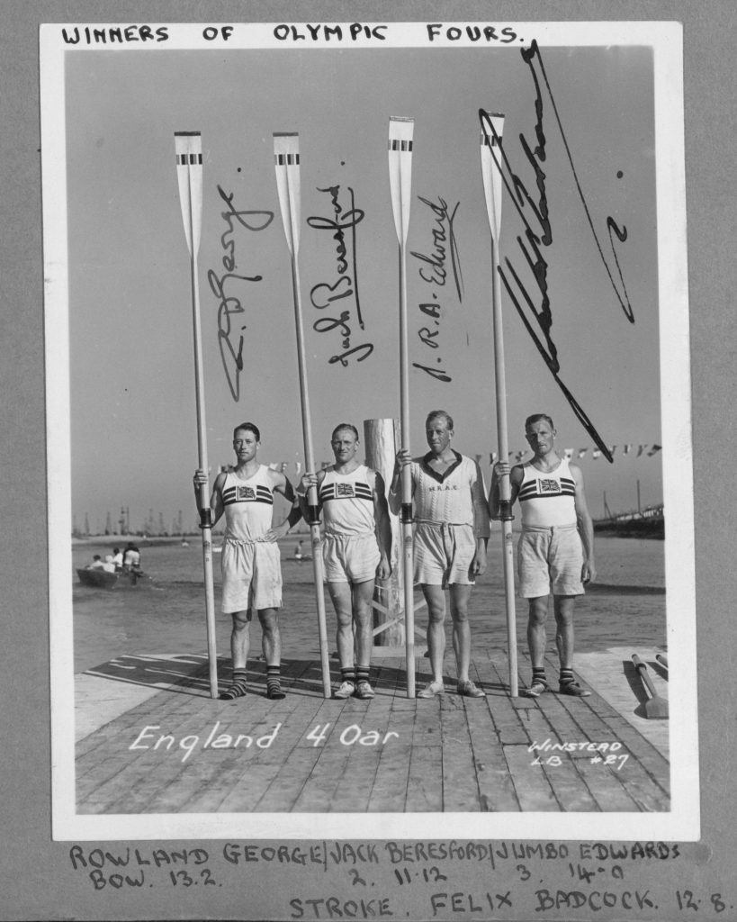 Black and white team photograph of the four British rowers who won gold in the coxless fours at the 1932 Los Angeles Olympics. Each man's signature is written across the image.