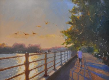 Impressionist scene of a riverside boardwalk at sunset with a railing, distant walkers, and trees to the right.
