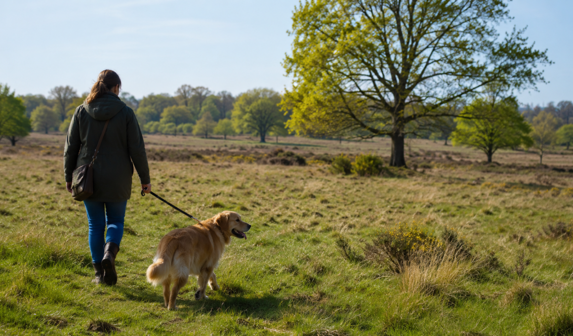 Person walking a golden retriever on a leash through a grassy field with scattered trees on a sunny day