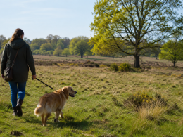 Person walking a golden retriever on a leash through a grassy field with scattered trees on a sunny day