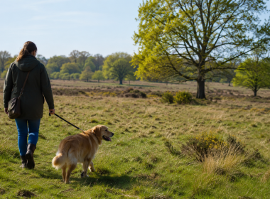 Person walking a golden retriever on a leash through a grassy field with scattered trees on a sunny day