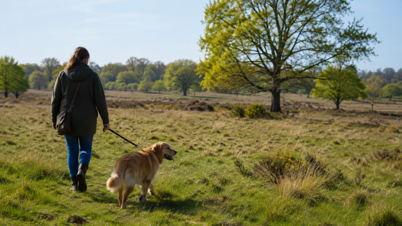 Person walking a golden retriever on a leash through a grassy field with scattered trees on a sunny day