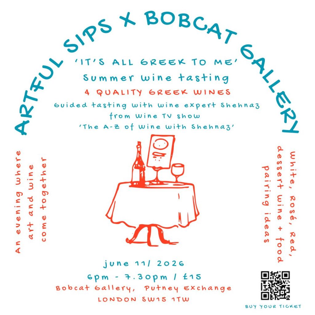 Event poster for 'Artful Sips x Bobcat Gallery' promoting a Greek wine tasting on June 11, 2026, with a red illustration of a table set with a wine bottle, glass, and tablet.