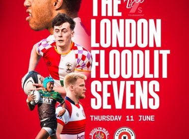 Red poster advertising The London Floodlit Sevens rugby tournament at Rosslyn Park FC; collage of players with large white typographic title and event details, date Thursday 11 June, tickets £10.