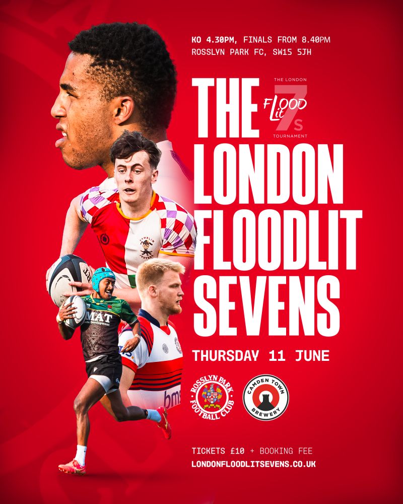 Red poster advertising The London Floodlit Sevens rugby tournament at Rosslyn Park FC; collage of players with large white typographic title and event details, date Thursday 11 June, tickets £10.