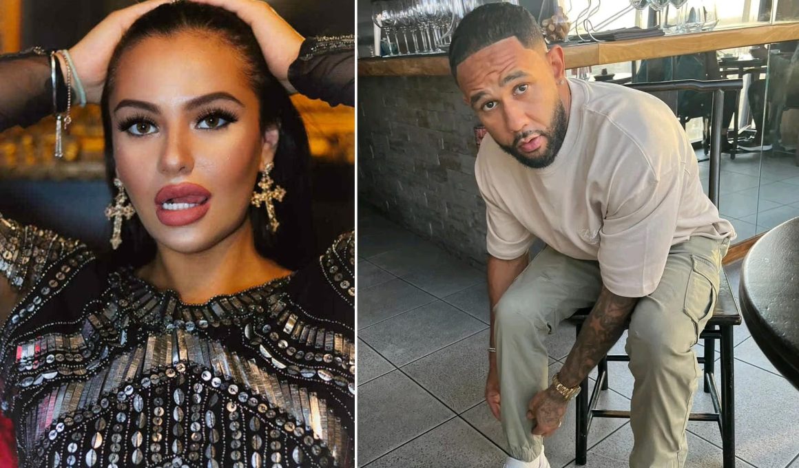 Split image: left shows a woman with bold makeup wearing a sparkling sequined black outfit and large earrings, posing with hands in her hair; right shows a man in a beige sweatshirt and cargo pants, leaning and looking at the camera in a cafe/bar setting.
