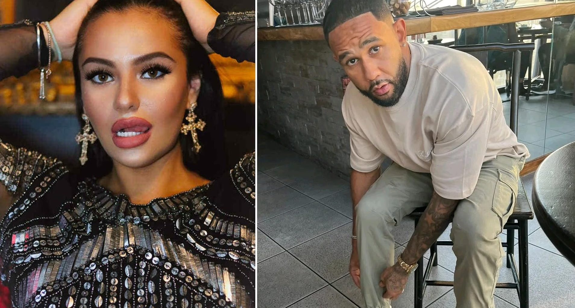 Split image: left shows a woman with bold makeup wearing a sparkling sequined black outfit and large earrings, posing with hands in her hair; right shows a man in a beige sweatshirt and cargo pants, leaning and looking at the camera in a cafe/bar setting.