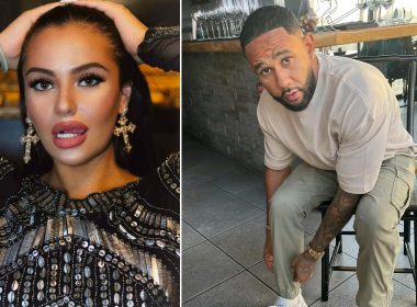 Split image: left shows a woman with bold makeup wearing a sparkling sequined black outfit and large earrings, posing with hands in her hair; right shows a man in a beige sweatshirt and cargo pants, leaning and looking at the camera in a cafe/bar setting.
