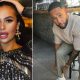 Split image: left shows a woman with bold makeup wearing a sparkling sequined black outfit and large earrings, posing with hands in her hair; right shows a man in a beige sweatshirt and cargo pants, leaning and looking at the camera in a cafe/bar setting.