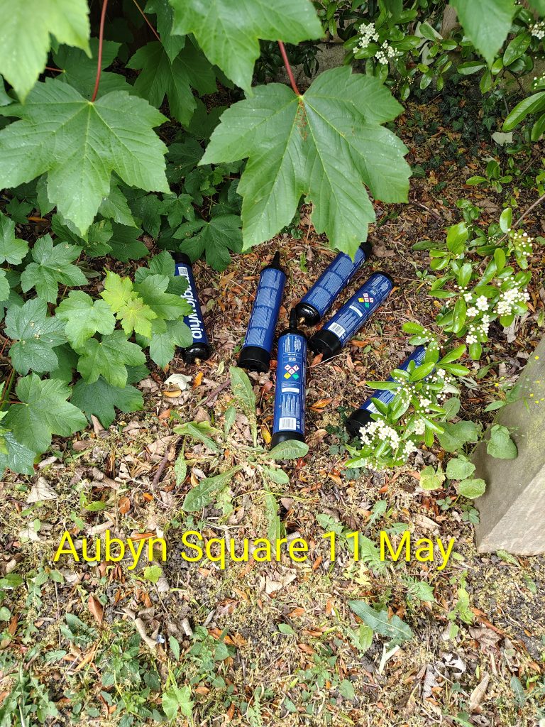Blue aerosol cans lying on the ground among green garden leaves, ivy, and small white flowers, with a yellow caption across the bottom reading 'Aubyn Square 11 May'.