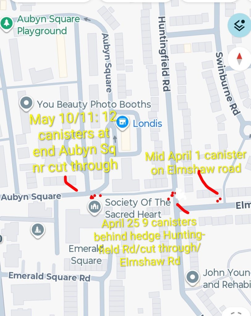 Map of Aubyn Square area showing red shortcut routes and yellow notes about canister placements along Elmshaw Rd and Huntfield Rd at different dates (May 10/11, April 25).