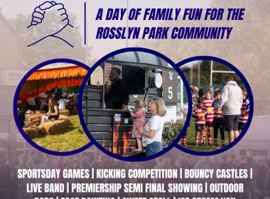 Poster for Rosslyn Park Summer Party on June 13, 2026 at 2 PM–late; three circular photos show food stalls, a food truck, and children at a game.