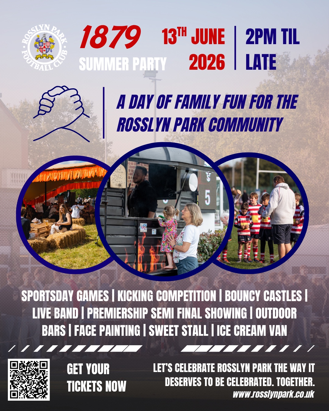 Poster for Rosslyn Park Summer Party on June 13, 2026 at 2 PM–late; three circular photos show food stalls, a food truck, and children at a game.