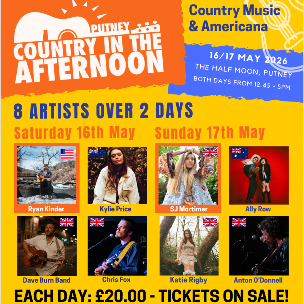 Colorful festival poster for Putney’s 'Country in the Afternoon' on May 16–17, 2026 with eight artists pictured (flags indicate US/UK), tickets £20 each day.