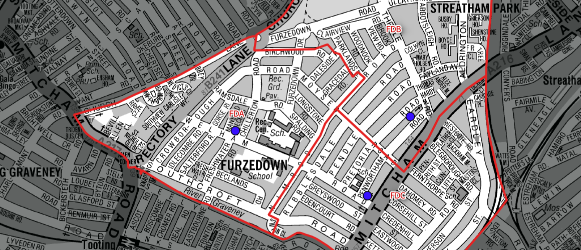 Grayscale town map with a bold red route outline winding through streets, blue points marking key locations, and labeled areas like Furzedown and Streatham Park.
